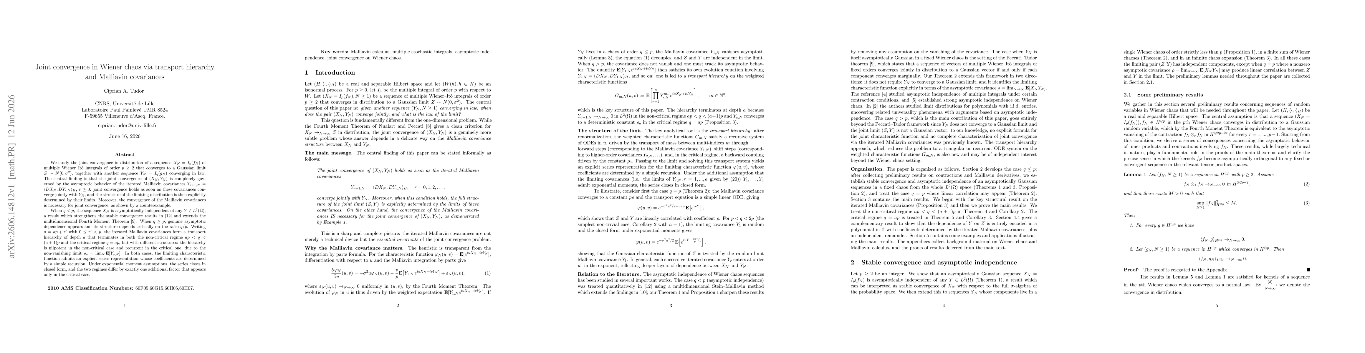 Thumbnail for Joint convergence in Wiener chaos via transport hierarchy and Malliavin covariances