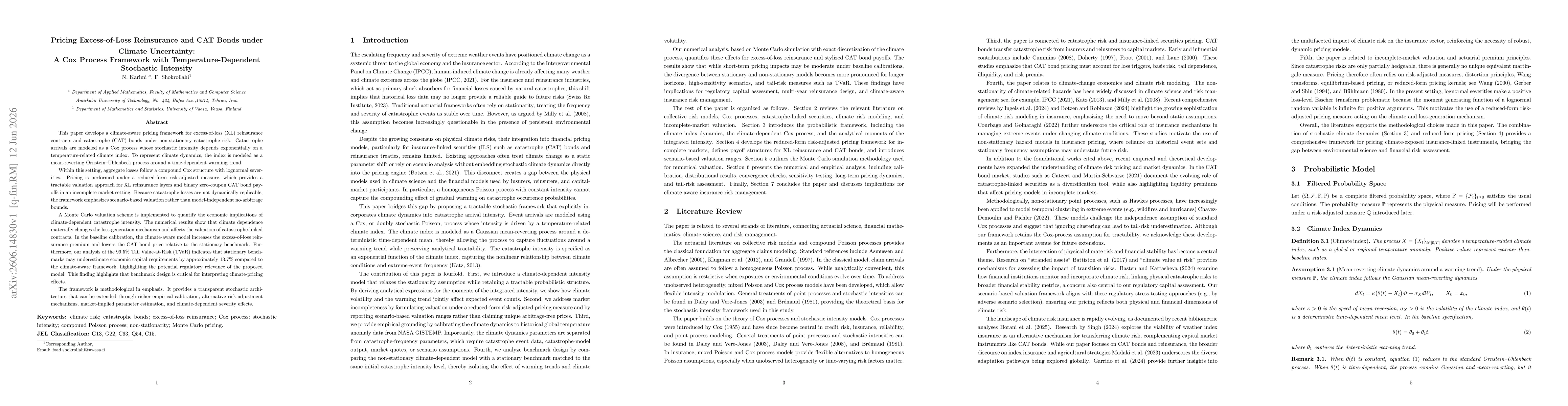 Thumbnail for Pricing Excess-of-Loss Reinsurance and CAT Bonds under Climate Uncertainty: A Cox Process Framework with Temperature-Dependent Stochastic Intensity