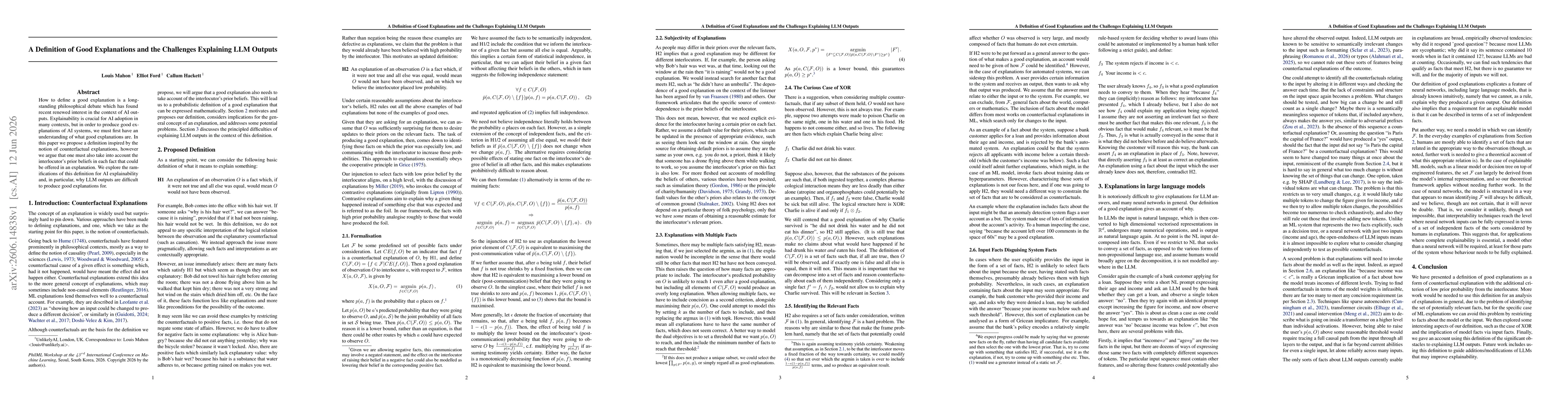 Thumbnail for A Definition of Good Explanations and the Challenges Explaining LLM Outputs