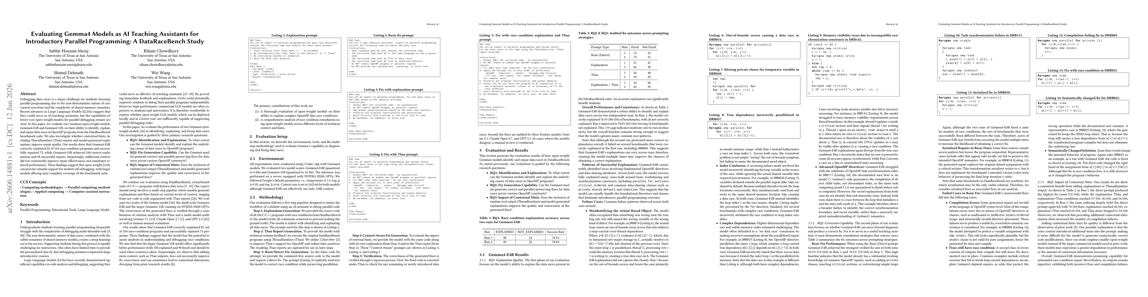 Thumbnail for Evaluating Gemma4 Models as AI Teaching Assistants for Introductory Parallel Programming: A DataRaceBench Study