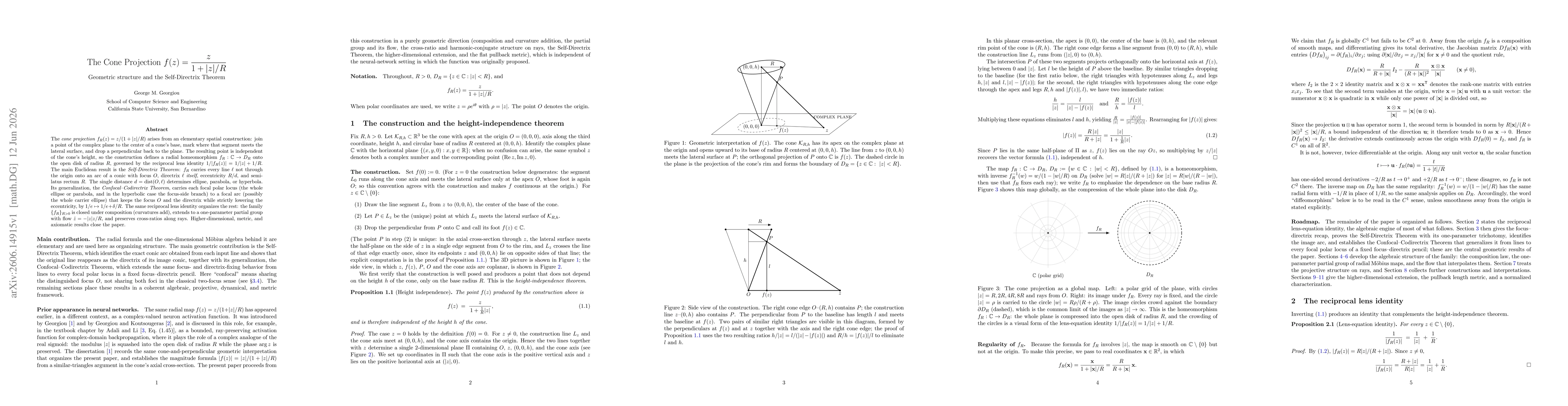 Thumbnail for The Cone Projection $f(z)=\dfrac{z}{1+|z|/R}$ Geometric structure and the Self-Directrix Theorem