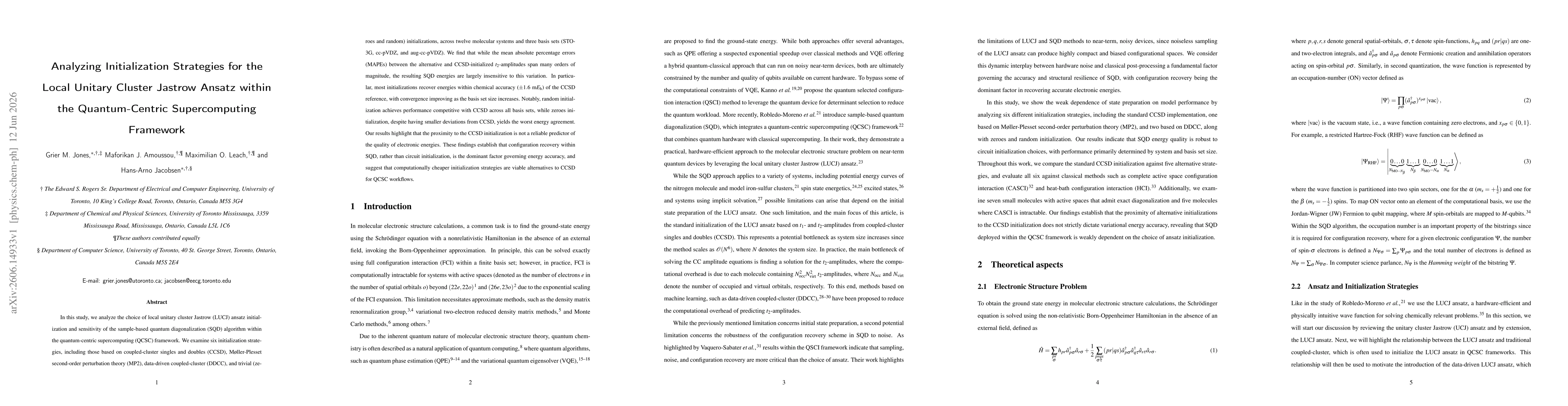 Thumbnail for Analyzing Initialization Strategies for the Local Unitary Cluster Jastrow Ansatz within the Quantum-Centric Supercomputing Framework