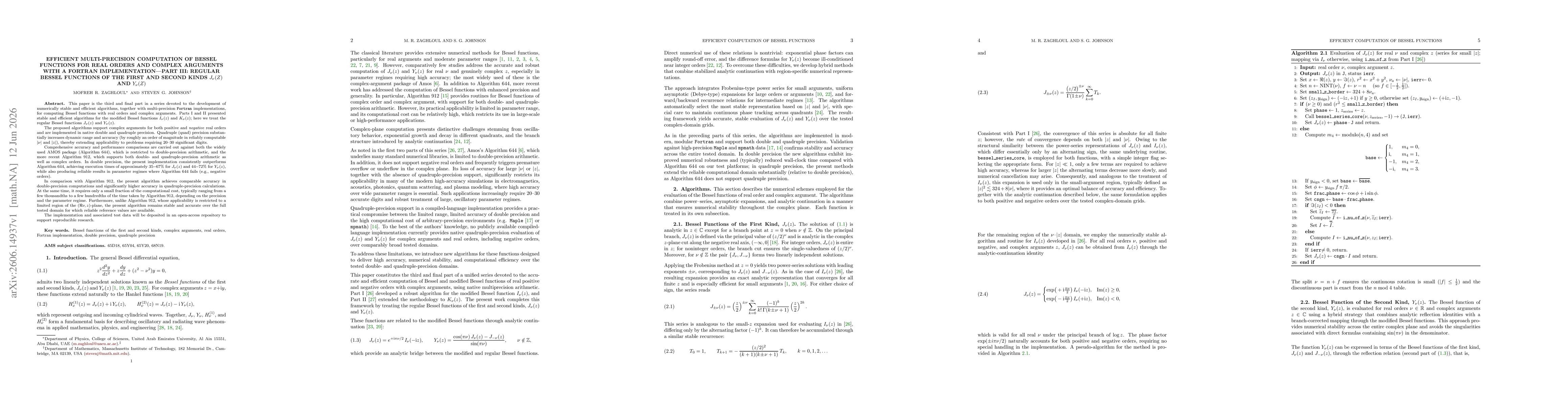 Thumbnail for Efficient Multi-Precision Computation of Bessel Functions for Real Orders and Complex Arguments with a Fortran Implementation -- Part III: Regular Bessel Functions of the First and Second Kinds $J_ν(z)$ and $Y_ν(z)$