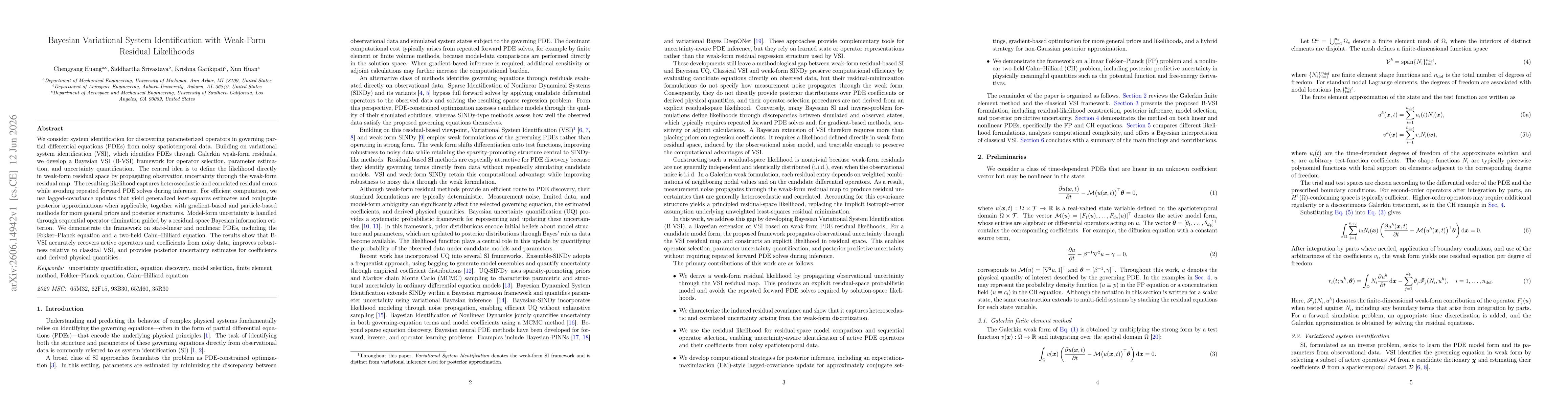 Thumbnail for Bayesian Variational System Identification with Weak-Form Residual Likelihoods