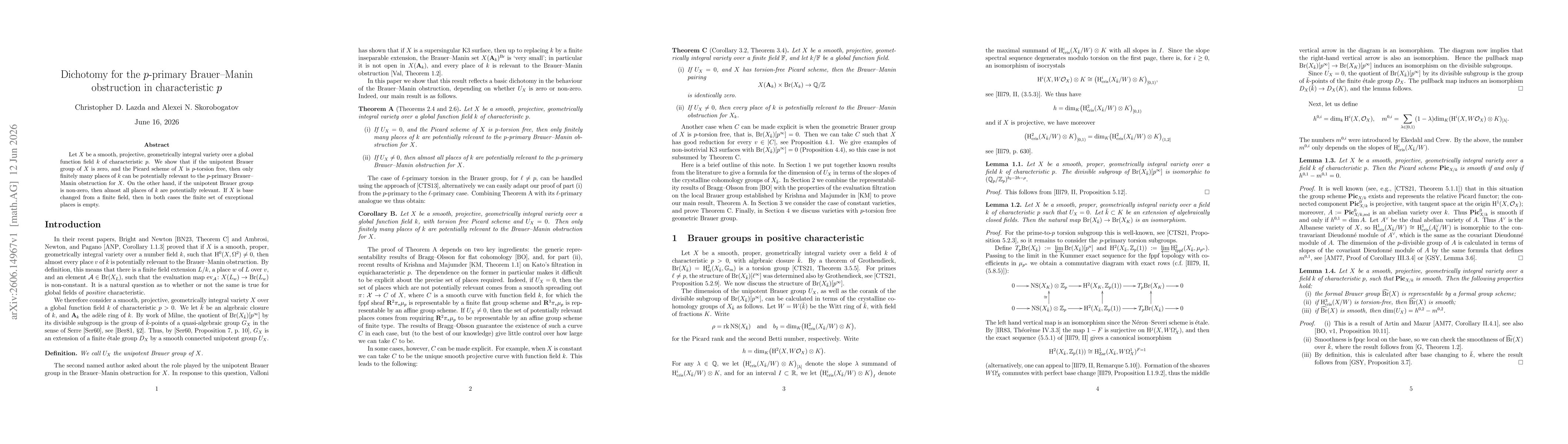 Thumbnail for Dichotomy for the p-primary Brauer-Manin obstruction in characteristic p