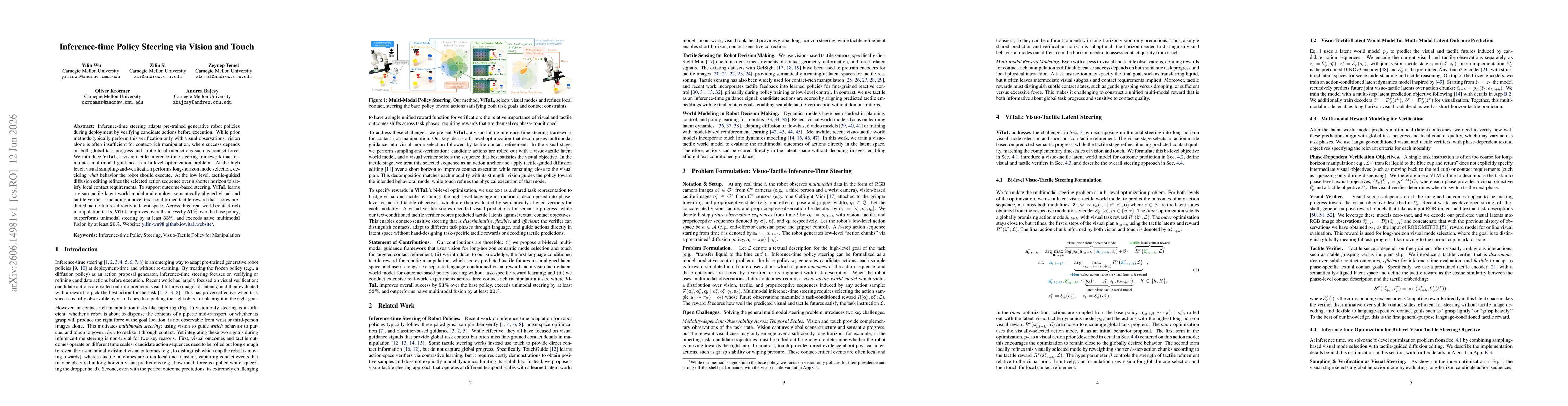 Thumbnail for Inference-time Policy Steering via Vision and Touch