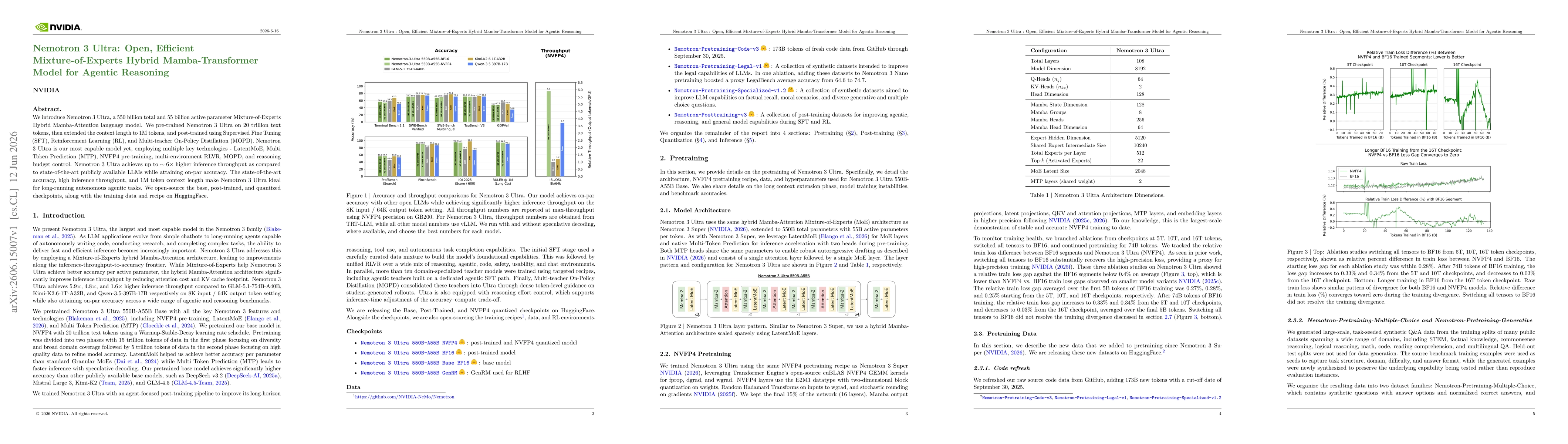 Thumbnail for Nemotron 3 Ultra: Open, Efficient Mixture-of-Experts Hybrid Mamba-Transformer Model for Agentic Reasoning