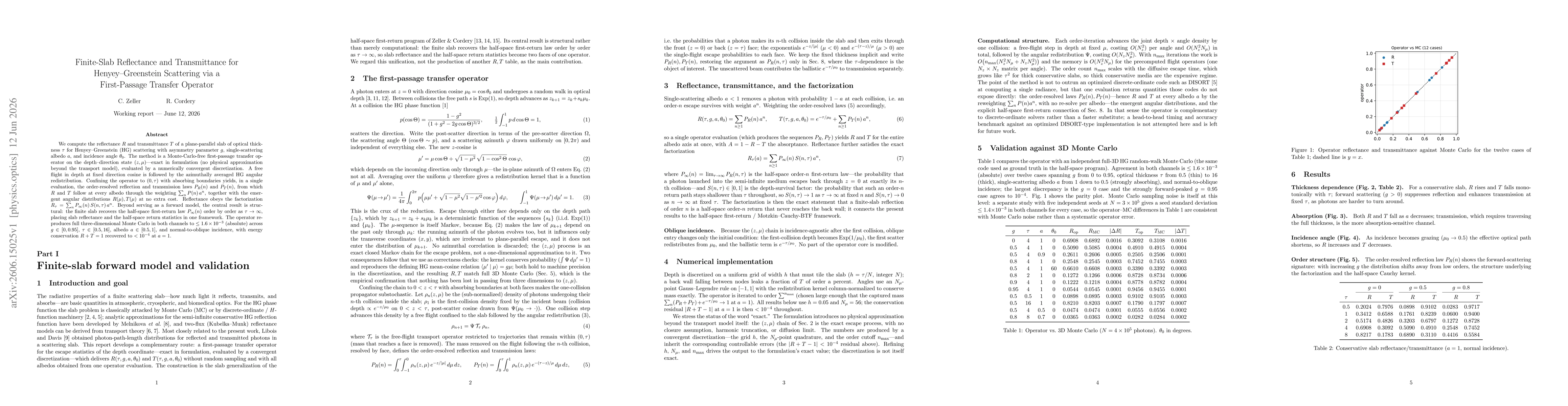 Thumbnail for Finite-Slab Reflectance and Transmittance for Henyey-Greenstein Scattering via a First-Passage Transfer Operator