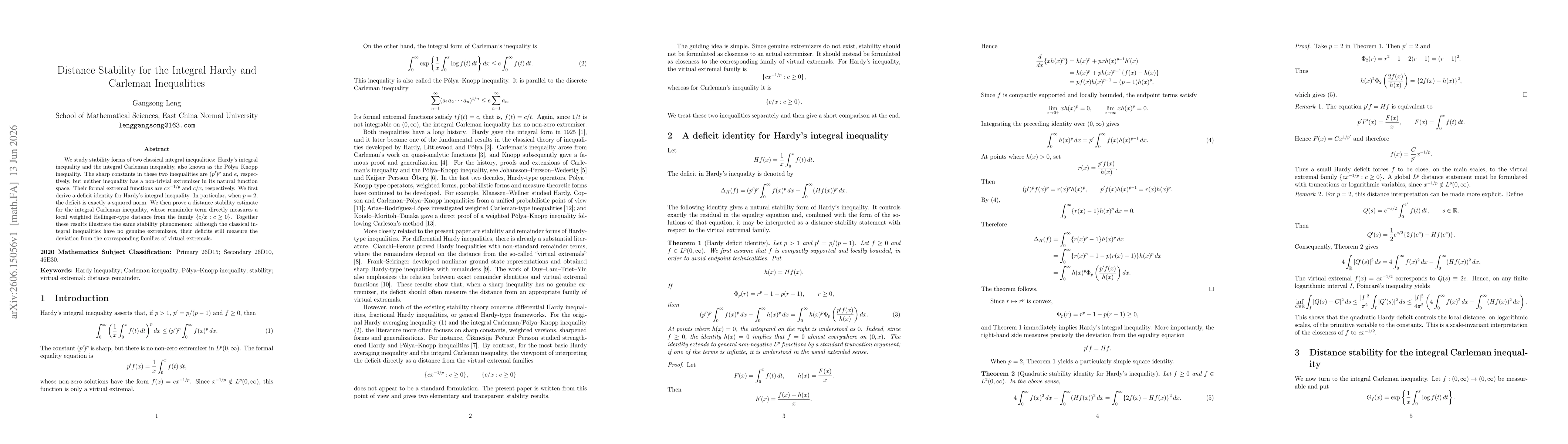 Thumbnail for Distance Stability for the Integral Hardy and Carleman Inequalities