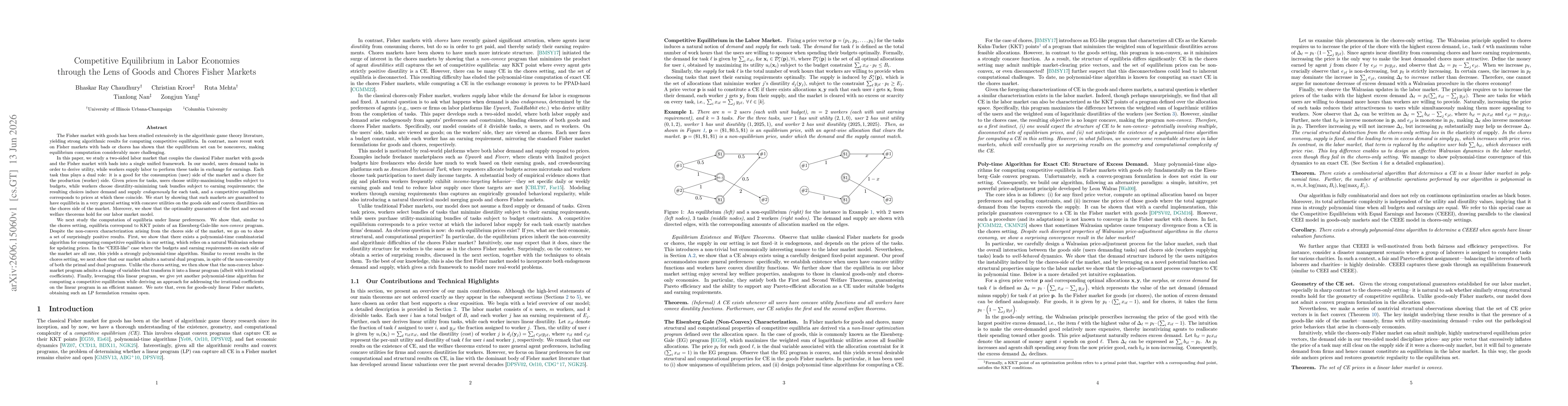 Thumbnail for Competitive Equilibrium in Labor Economies through the Lens of Goods and Chores Fisher Markets