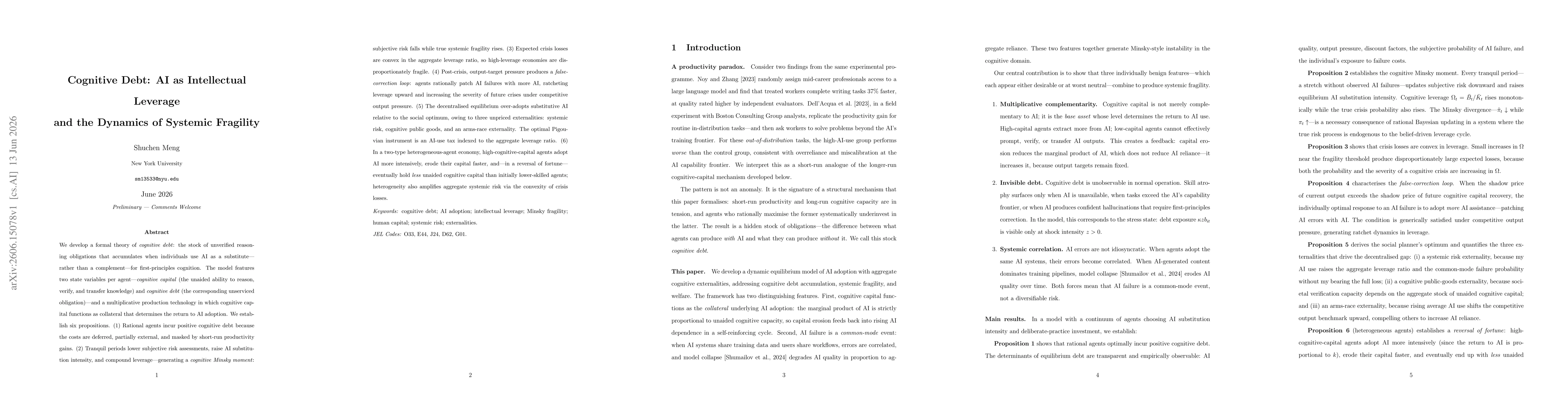 Thumbnail for Cognitive Debt: AI as Intellectual Leverage and the Dynamics of Systemic Fragility