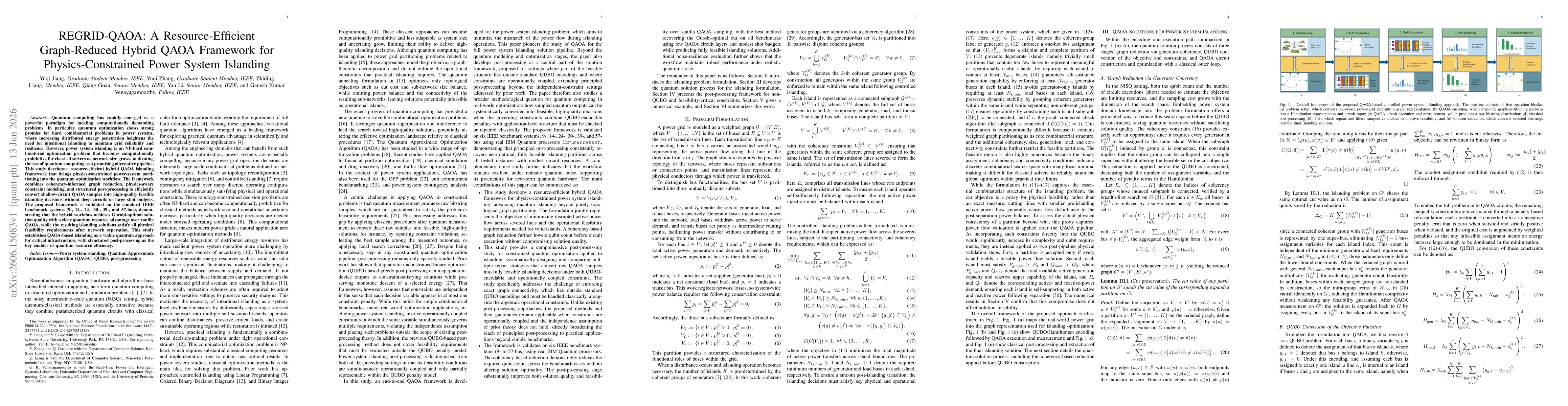 Thumbnail for REGRID-QAOA: A Resource-Efficient Graph-Reduced Hybrid QAOA Framework for Physics-Constrained Power System Islanding
