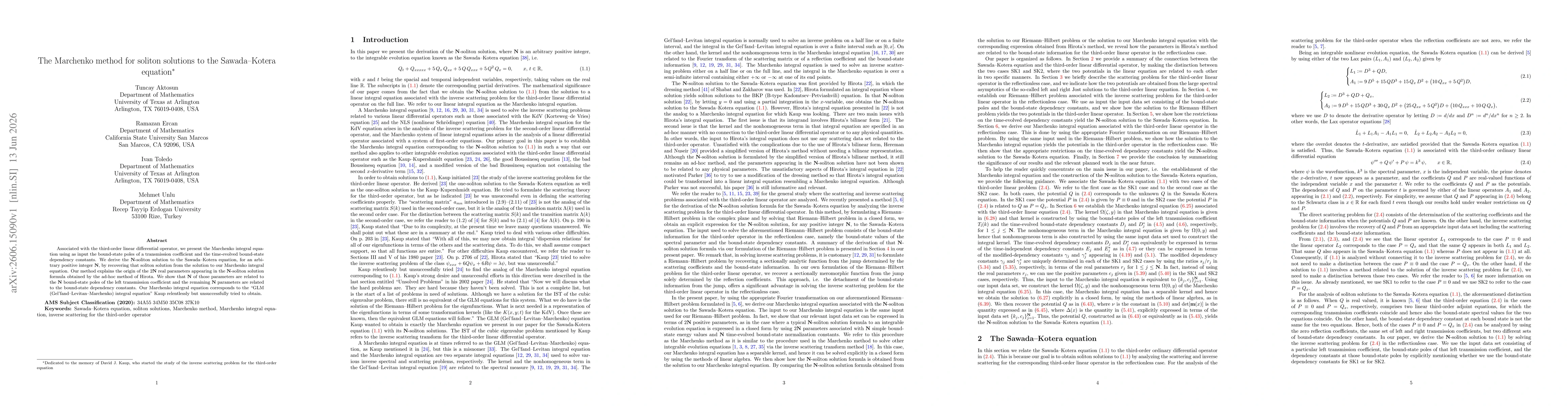 Thumbnail for The Marchenko method for soliton solutions to the Sawada--Kotera equation