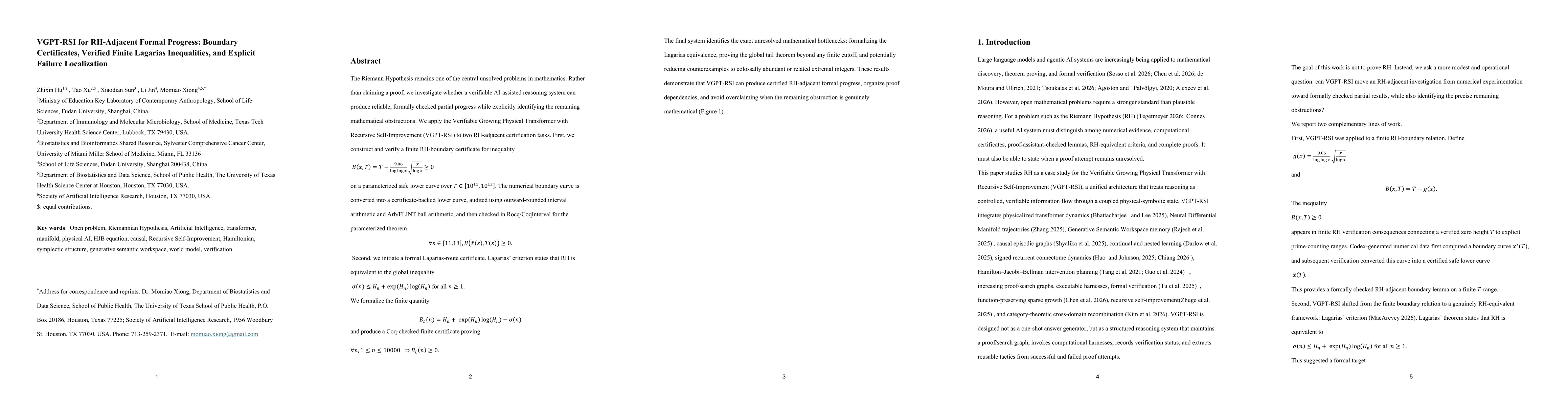 Thumbnail for VGPT-RSI for RH-Adjacent Formal Progress: Boundary Certificates, Verified Finite Lagarias Inequalities, and Explicit Failure Localization