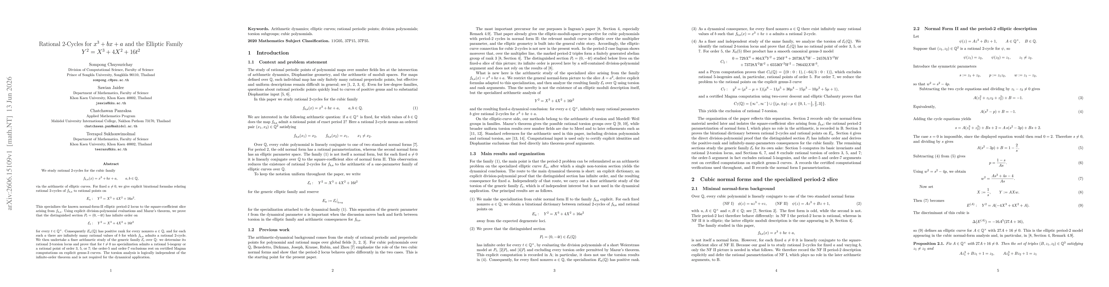 Thumbnail for Rational 2-Cycles for $x^3+bx+a$ and the Elliptic Family $Y^2=X^3+4X^2+16t^2$