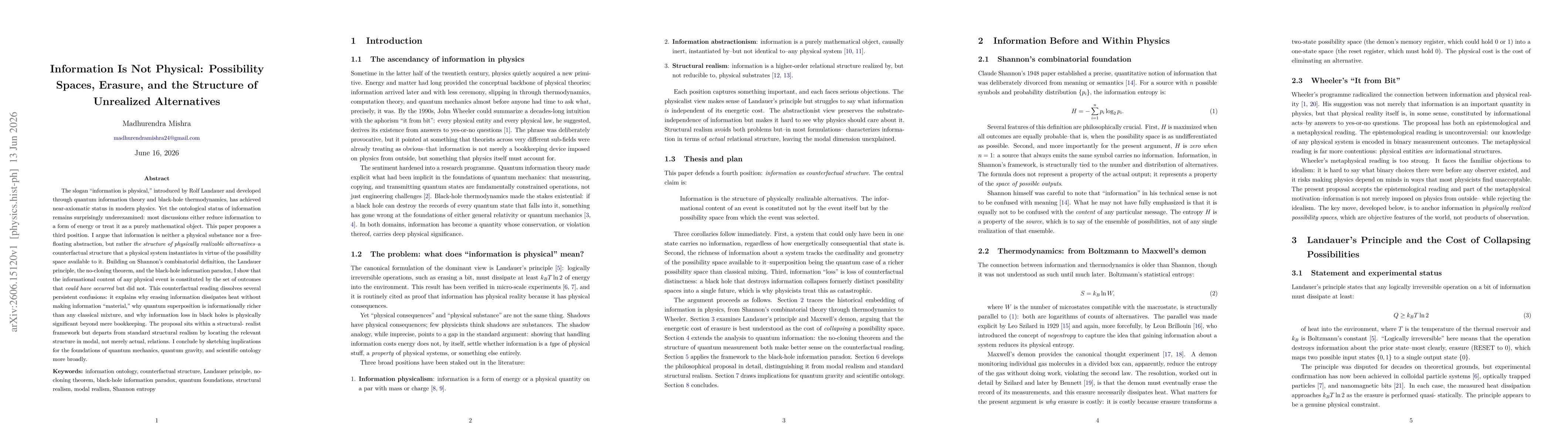 Thumbnail for Information Is Not Physical: Possibility Spaces, Erasure, and the Structure of Unrealized Alternatives
