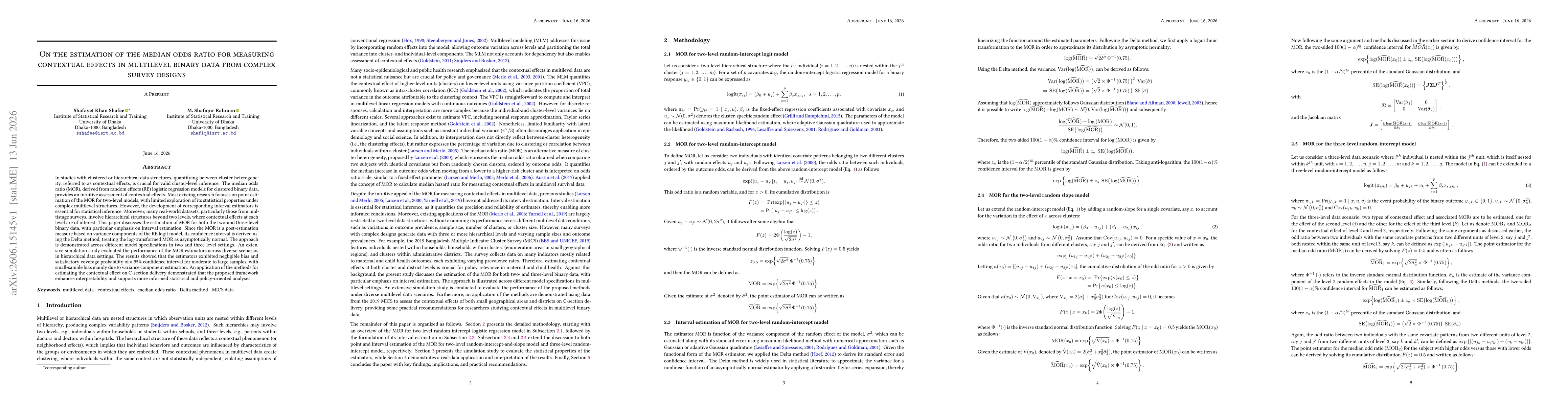 Thumbnail for On the estimation of the median odds ratio for measuring contextual effects in multilevel binary data from complex survey designs