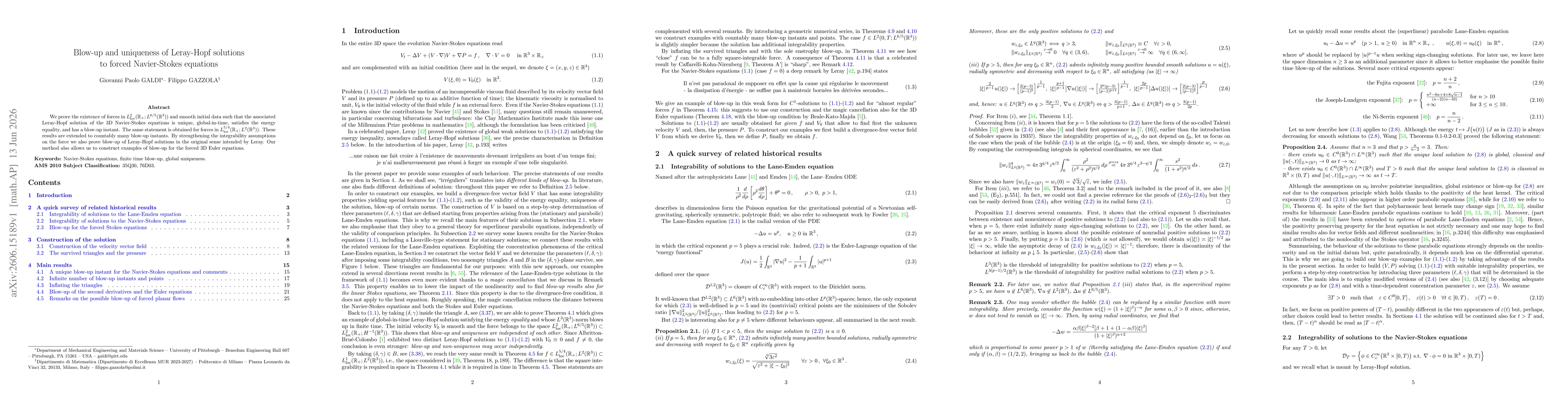 Thumbnail for Blow-up and uniqueness of Leray-Hopf solutions to forced Navier-Stokes equations