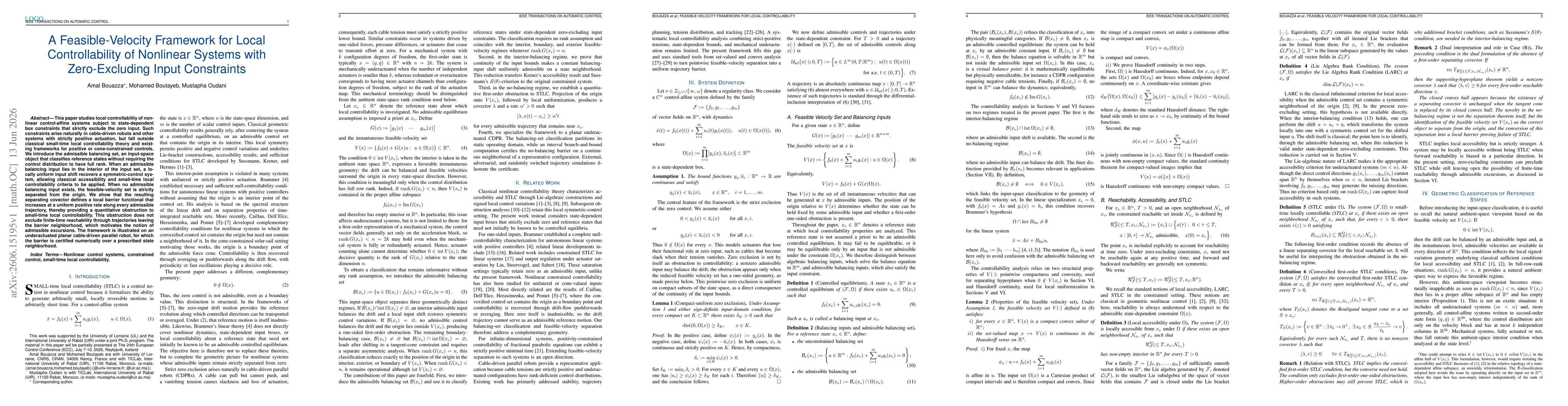 Thumbnail for A Feasible-Velocity Framework for Local Controllability of Nonlinear Systems with Zero-Excluding Input Constraints