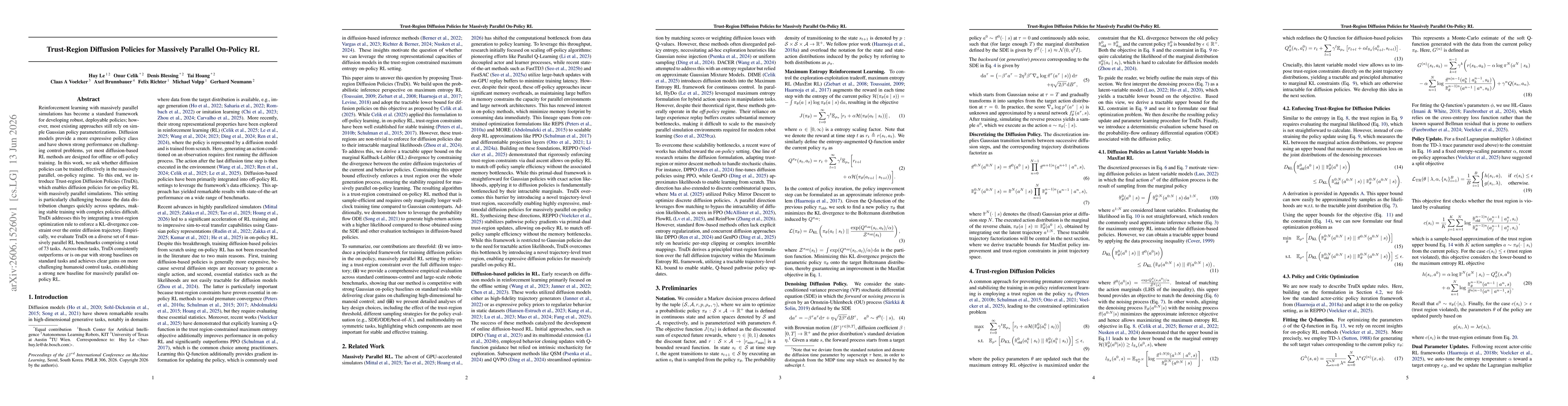 Thumbnail for Trust-Region Diffusion Policies for Massively Parallel On-Policy RL