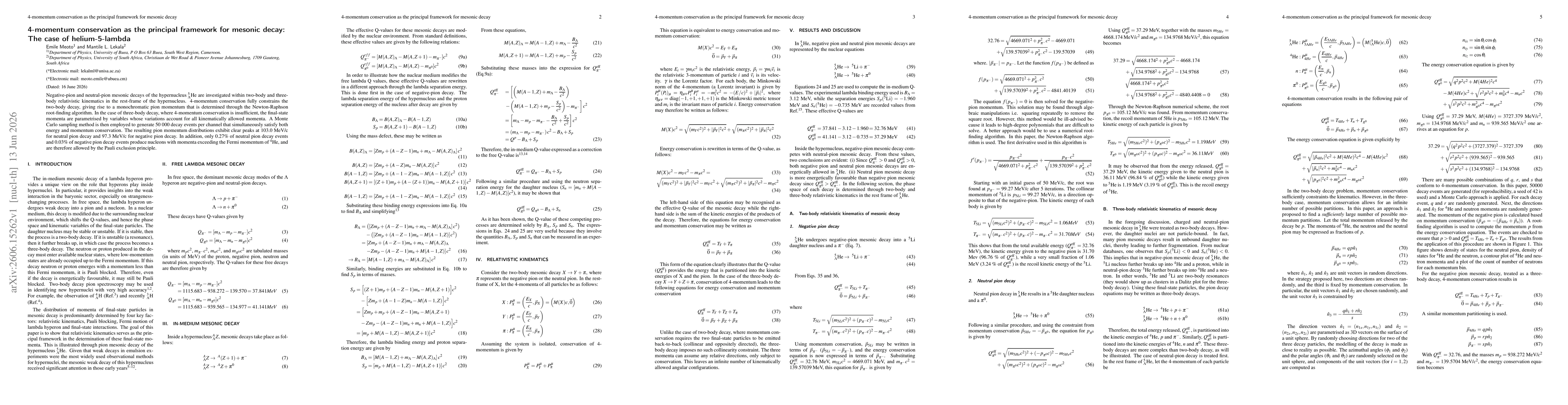 Thumbnail for 4-momentum conservation as the principal framework for mesonic decay: The case of helium-5-lambda