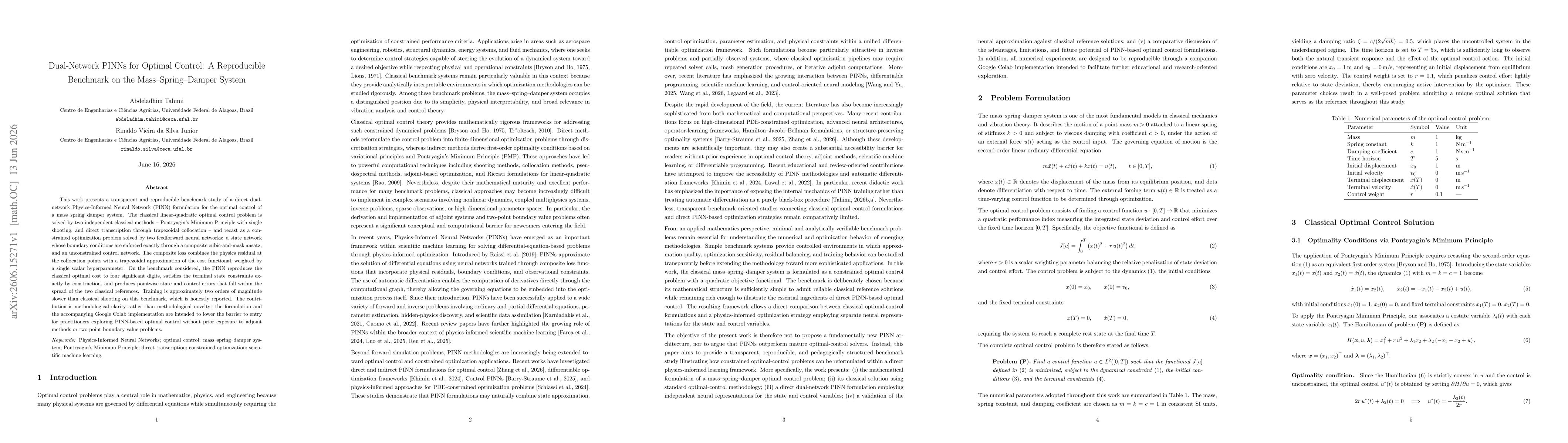 Thumbnail for Dual-Network PINNs for Optimal Control: A Reproducible Benchmark on the Mass-Spring-Damper System