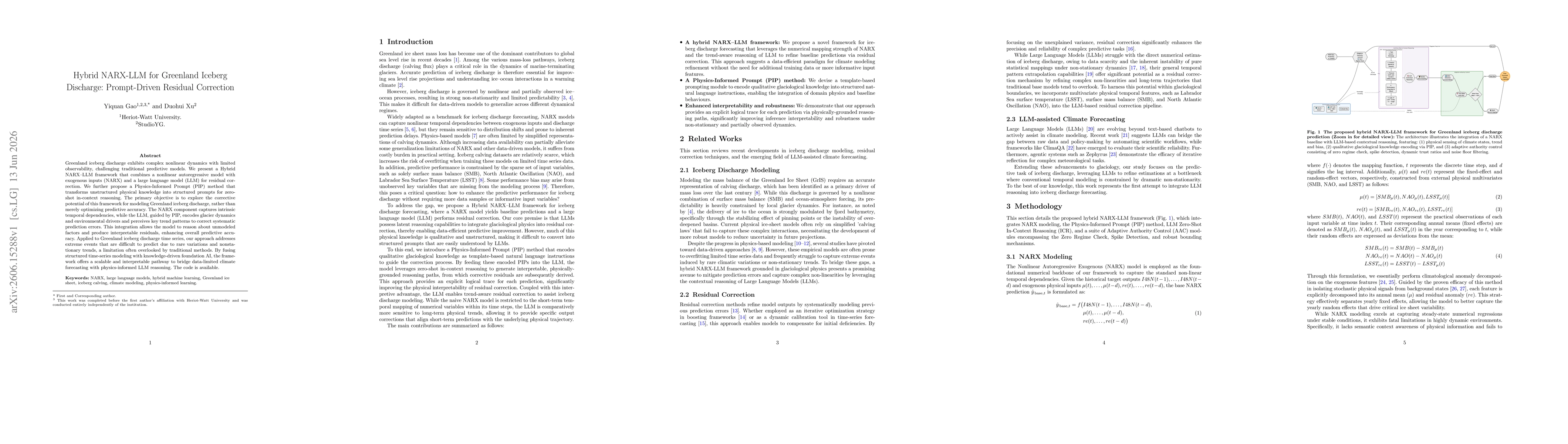 Thumbnail for Hybrid NARX-LLM for Greenland Iceberg Discharge: Prompt-Driven Residual Correction