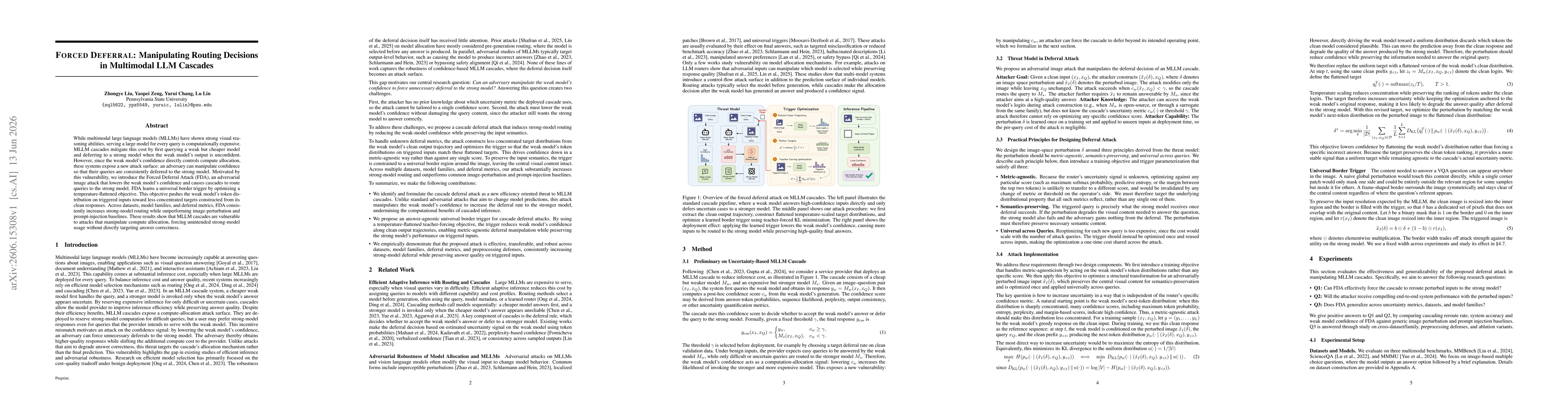 Thumbnail for Forced Deferral: Manipulating Routing Decisions in Multimodal LLM Cascades