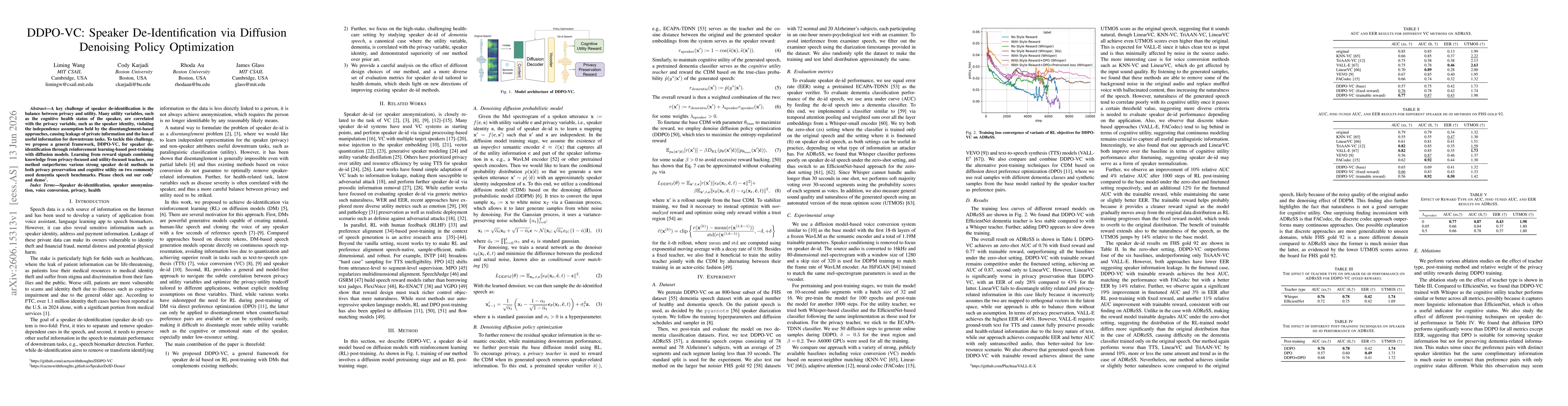 Thumbnail for DDPO-VC: Speaker De-Identification via Diffusion Denoising Policy Optimization