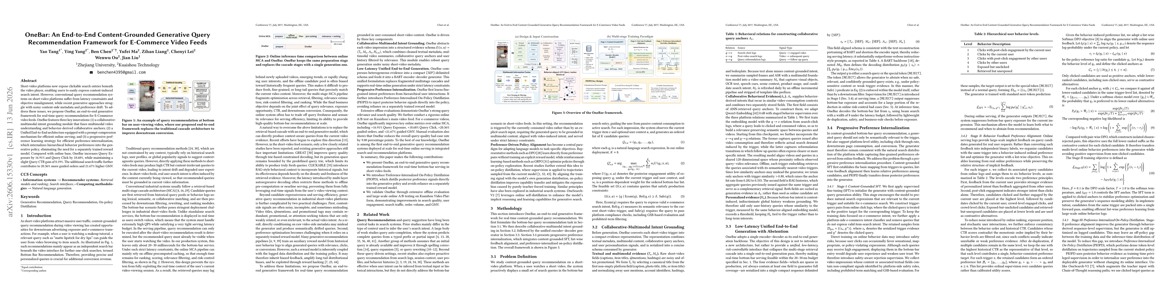 Thumbnail for OneBar: An End-to-End Content-Grounded Generative Query Recommendation Framework for E-Commerce Video Feeds