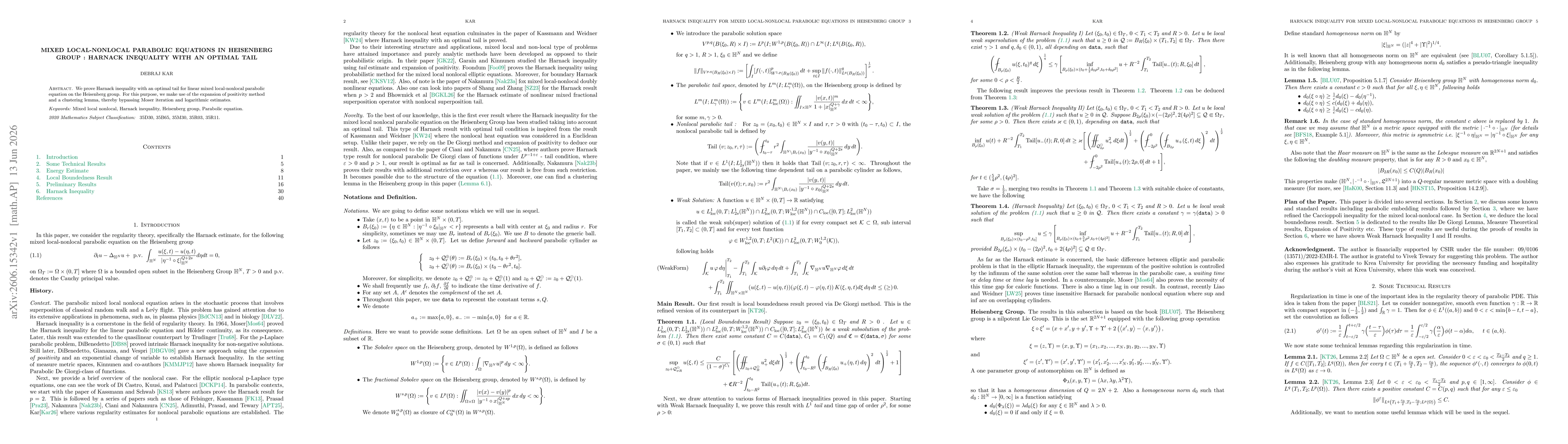 Thumbnail for Mixed Local-Nonlocal Parabolic Equations in Heisenberg Group : Harnack Inequality with an Optimal Tail