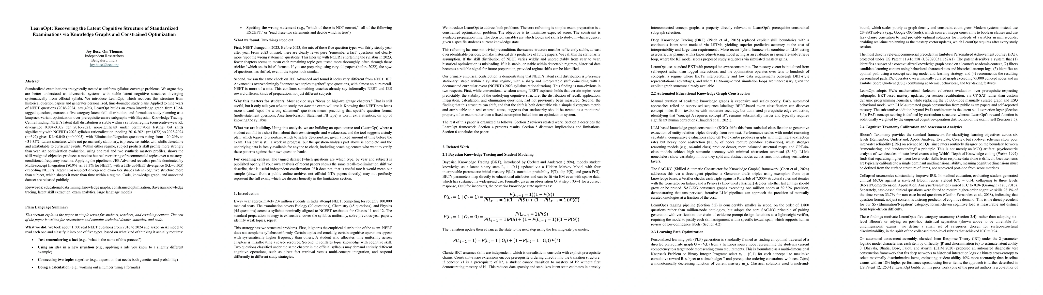 Thumbnail for LearnOpt: Recovering the Latent Cognitive Structure of Standardized Examinations via Knowledge Graphs and Constrained Optimization