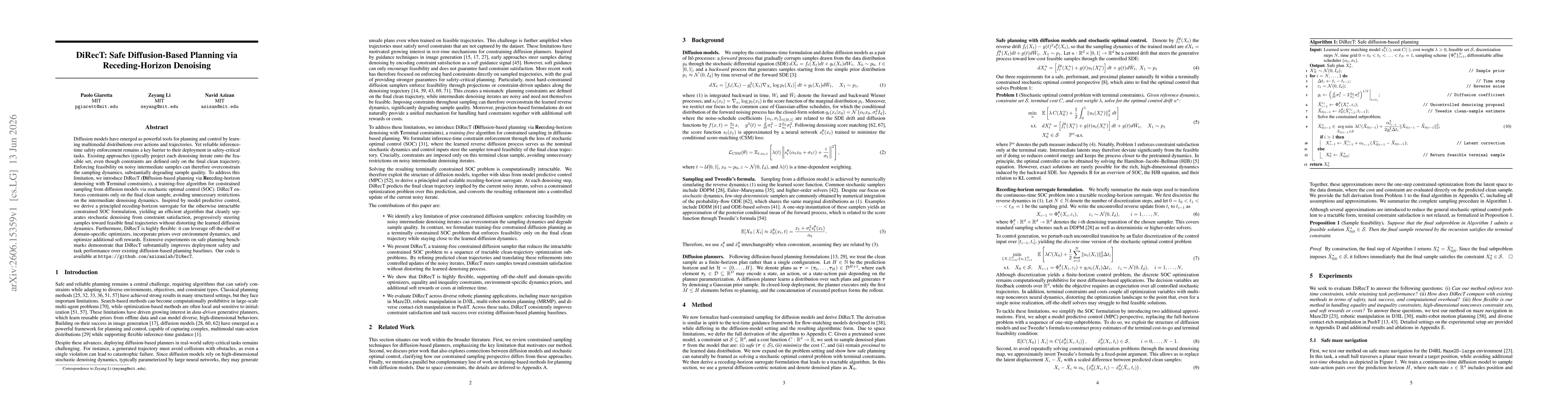Thumbnail for DiRecT: Safe Diffusion-Based Planning via Receding-Horizon Denoising