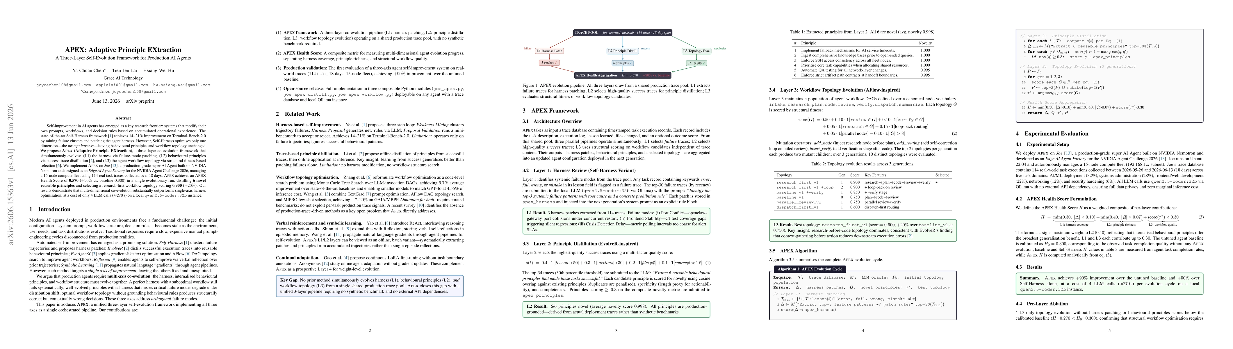 Thumbnail for APEX: Adaptive Principle EXtraction A Three-Layer Self-Evolution Framework for Production AI Agents