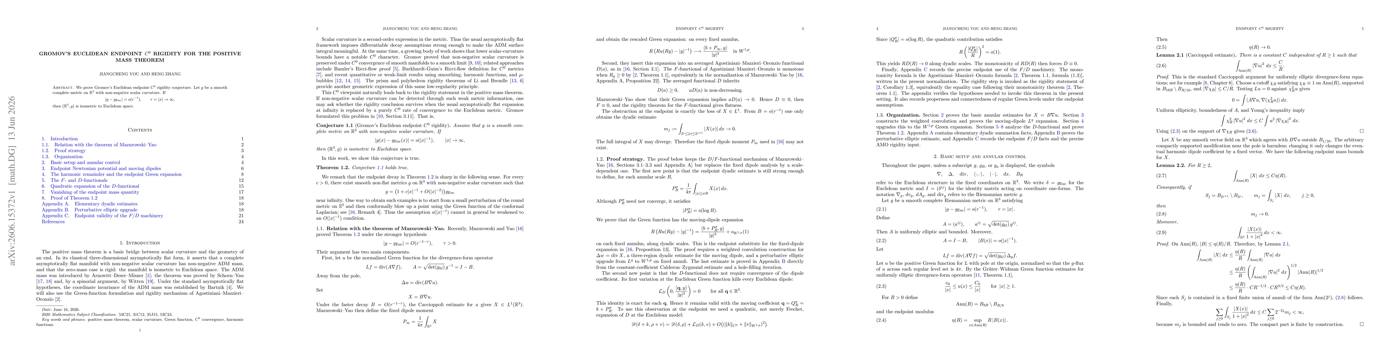 Thumbnail for Gromov's Euclidean Endpoint $C^0$ Rigidity for the Positive Mass Theorem