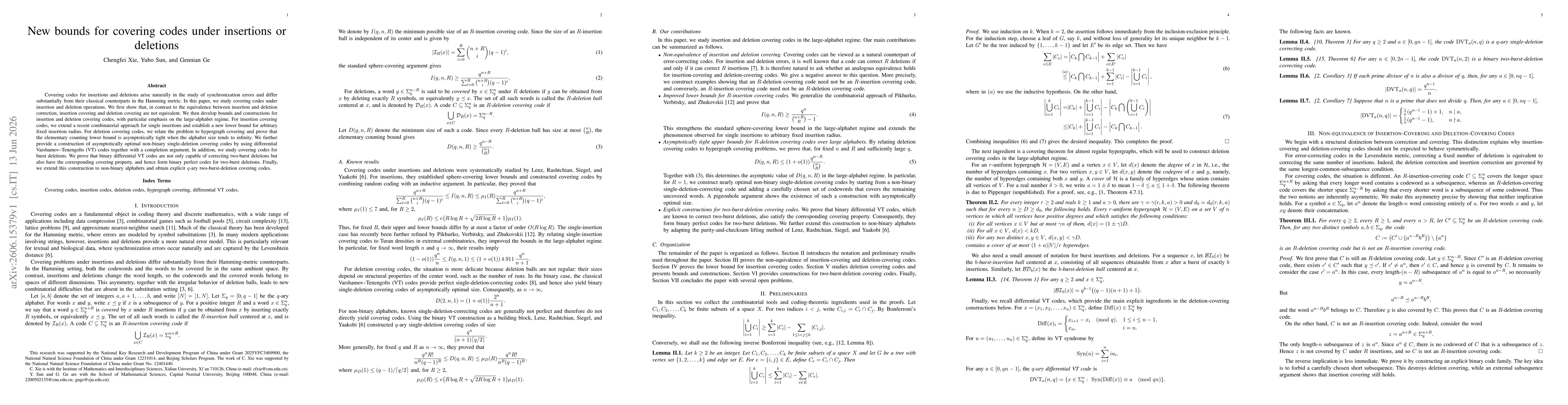 Thumbnail for New bounds for covering codes under insertions or deletions