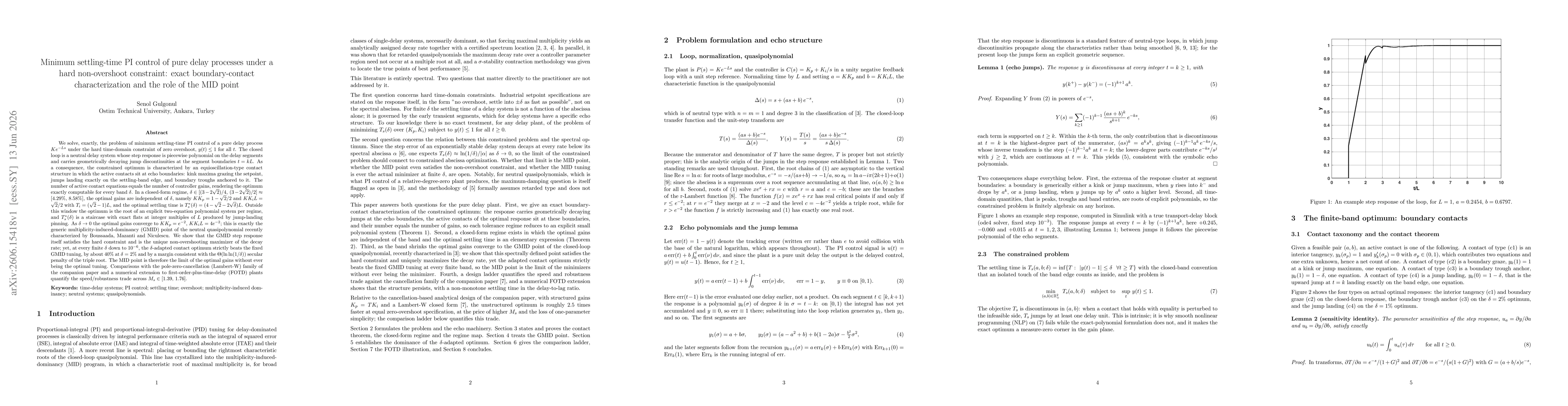 Thumbnail for Minimum settling-time PI control of pure delay processes under a hard non-overshoot constraint: exact boundary-contact characterization and the role of the MID point
