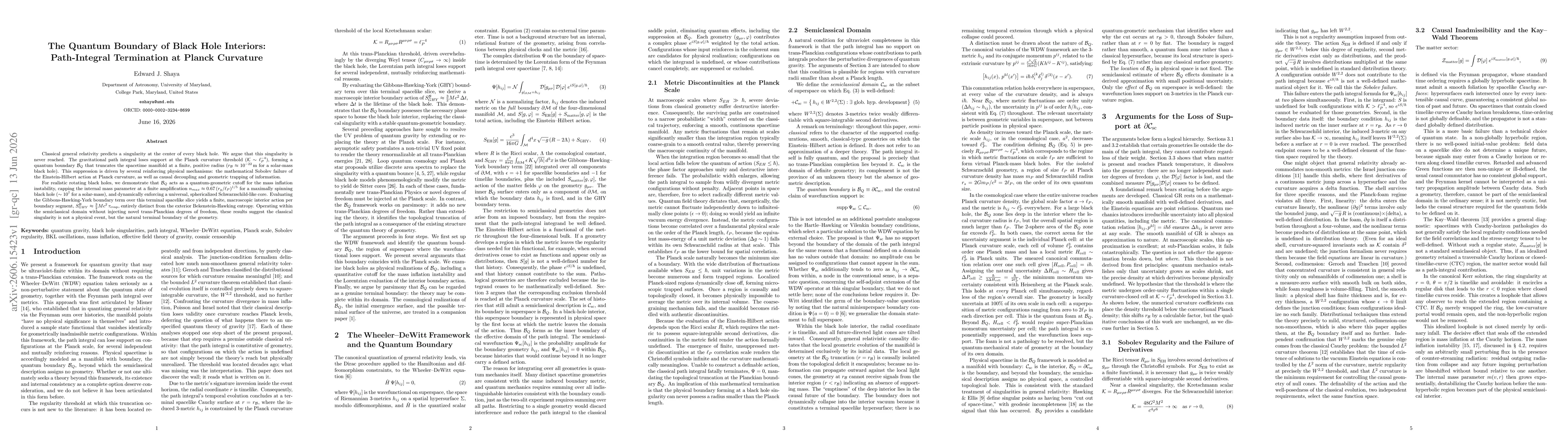 Thumbnail for The Quantum Boundary of Black Hole Interiors: Path-Integral Termination at Planck Curvature