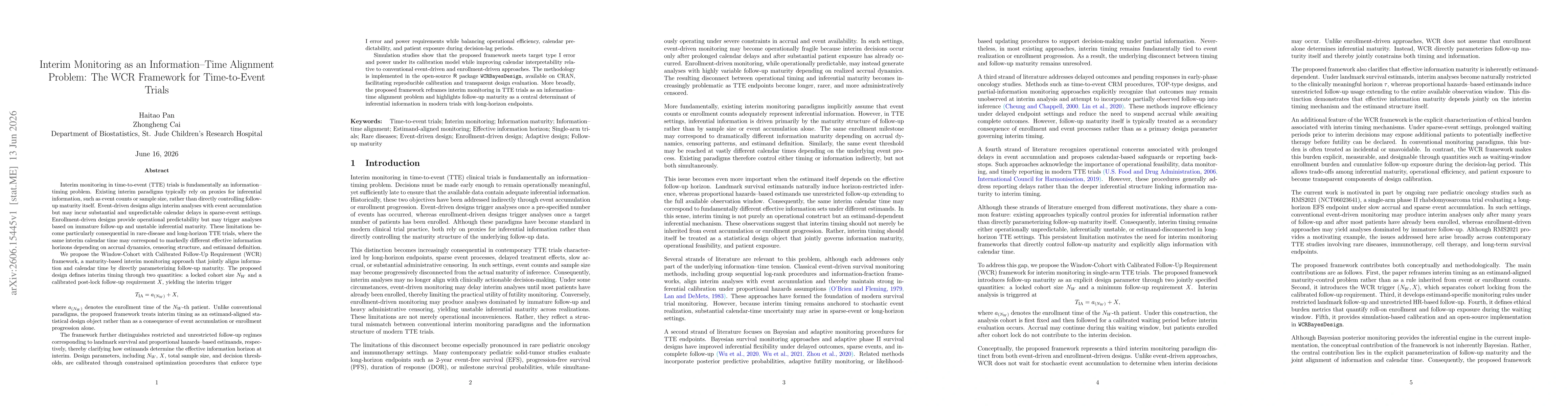 Thumbnail for Interim Monitoring as an Information-Time Alignment Problem: The WCR Framework for Time-to-Event Trials