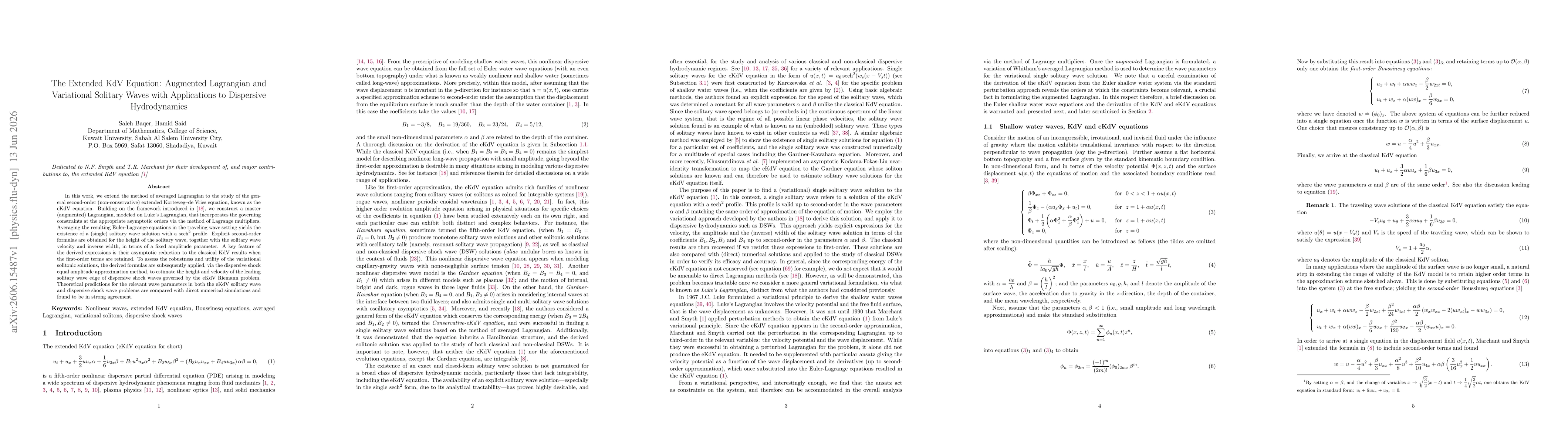 Thumbnail for The Extended KdV Equation: Augmented Lagrangian and Variational Solitary Waves with Applications to Dispersive Hydrodynamics