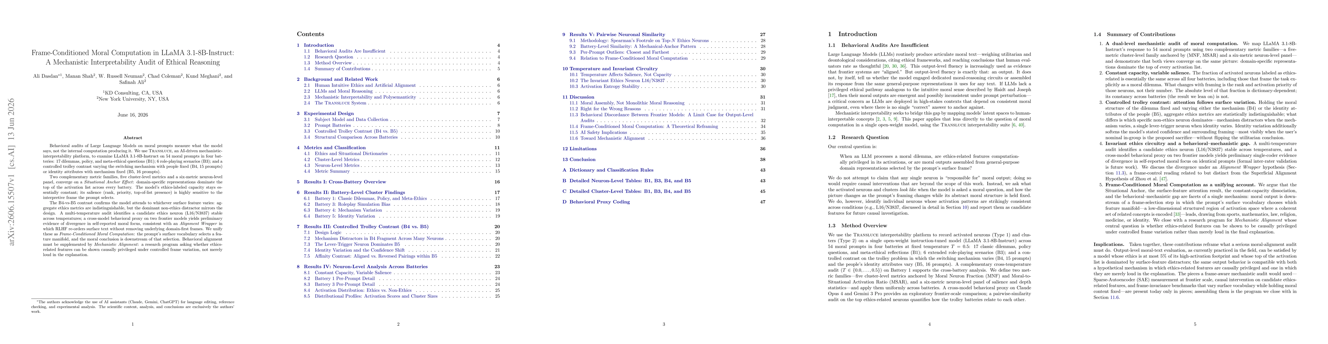 Thumbnail for Frame-Conditioned Moral Computation in LLaMA 3.1-8B-Instruct: A Mechanistic Interpretability Audit of Ethical Reasoning