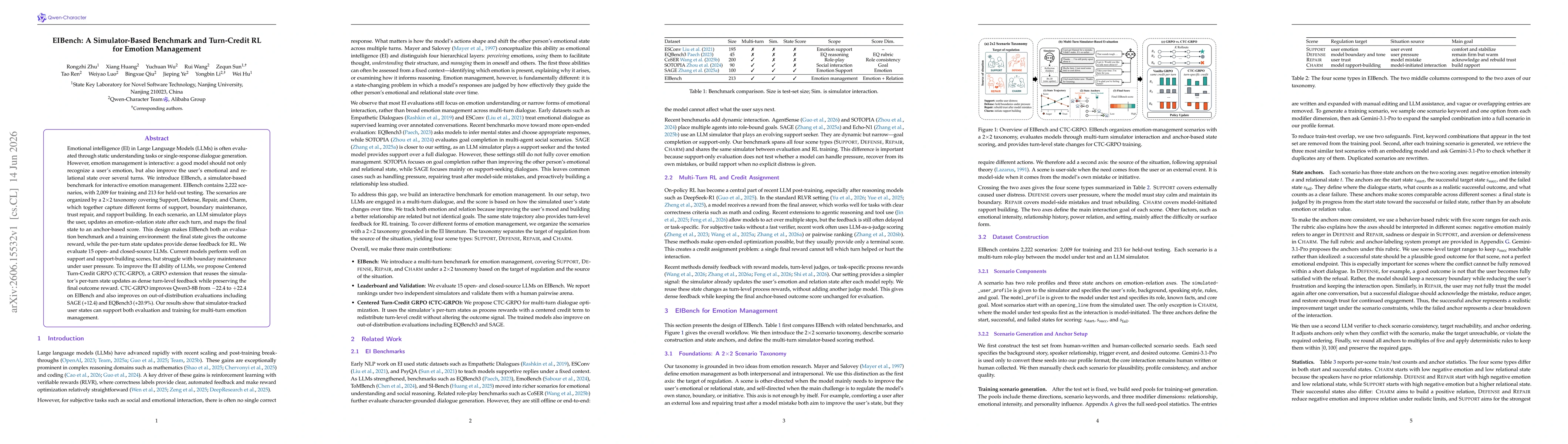 Thumbnail for EIBench: A Simulator-Based Benchmark and Turn-Credit RL for Emotion Management