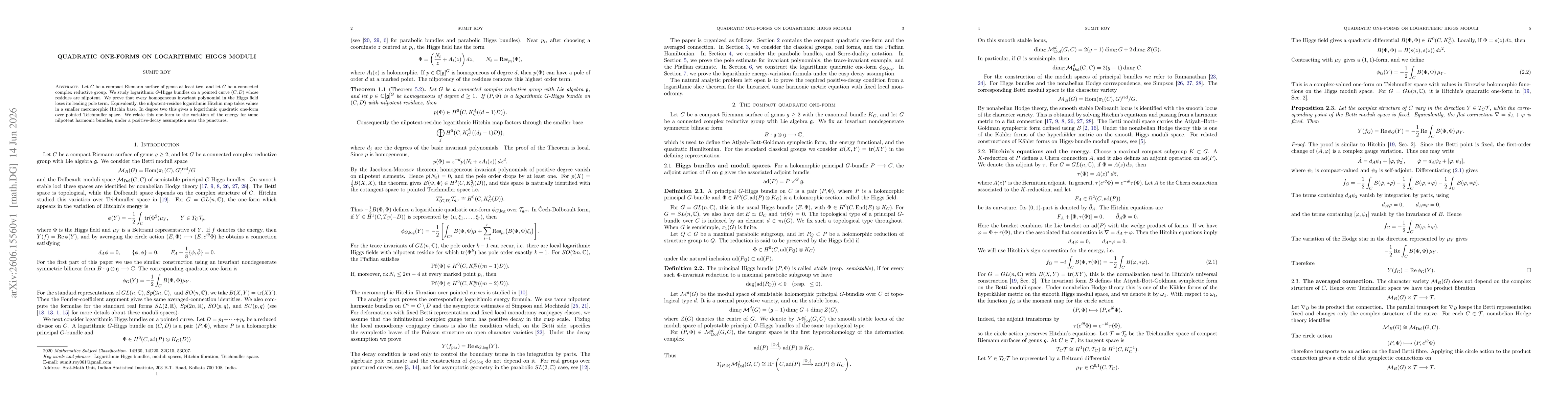 Thumbnail for Quadratic one-forms on logarithmic Higgs moduli