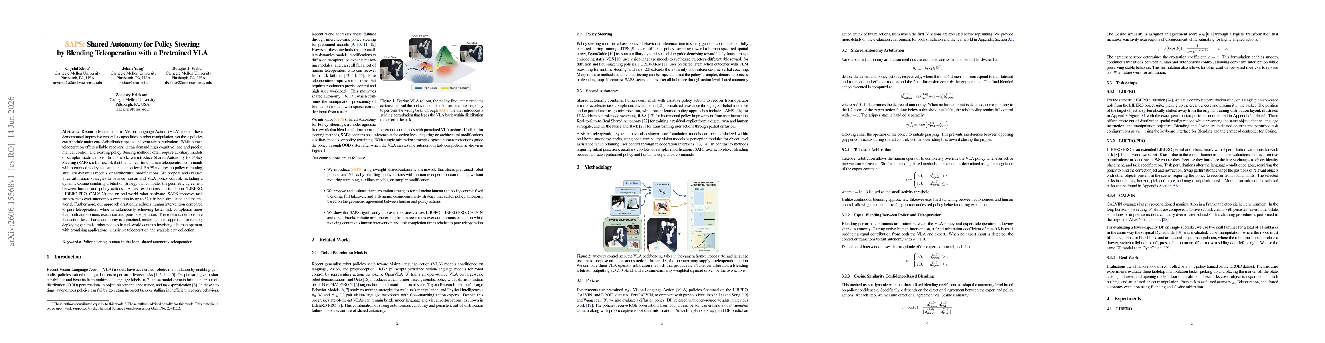 Thumbnail for SAPS: Shared Autonomy for Policy Steering by Blending Teleoperation with a Pretrained VLA