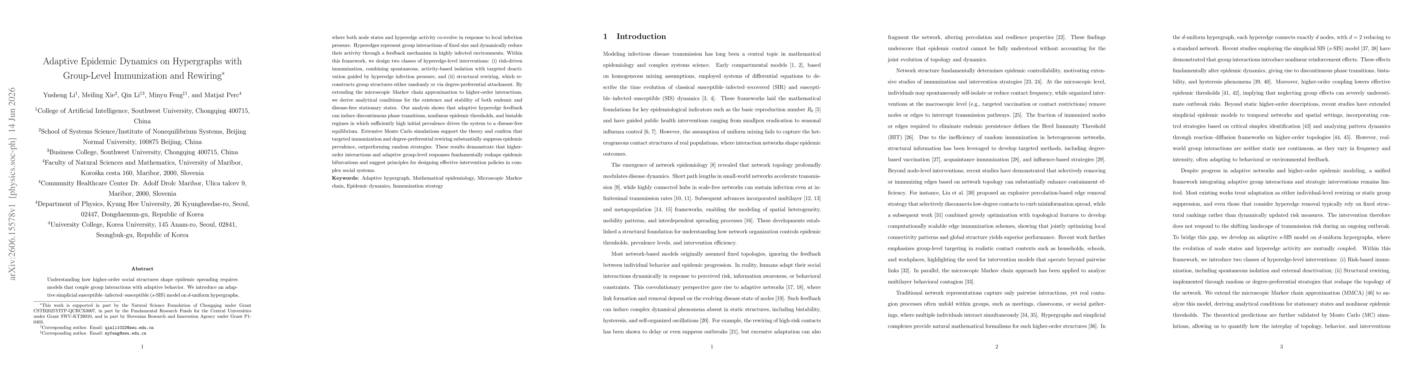 Thumbnail for Adaptive Epidemic Dynamics on Hypergraphs with Group-Level Immunization and Rewiring