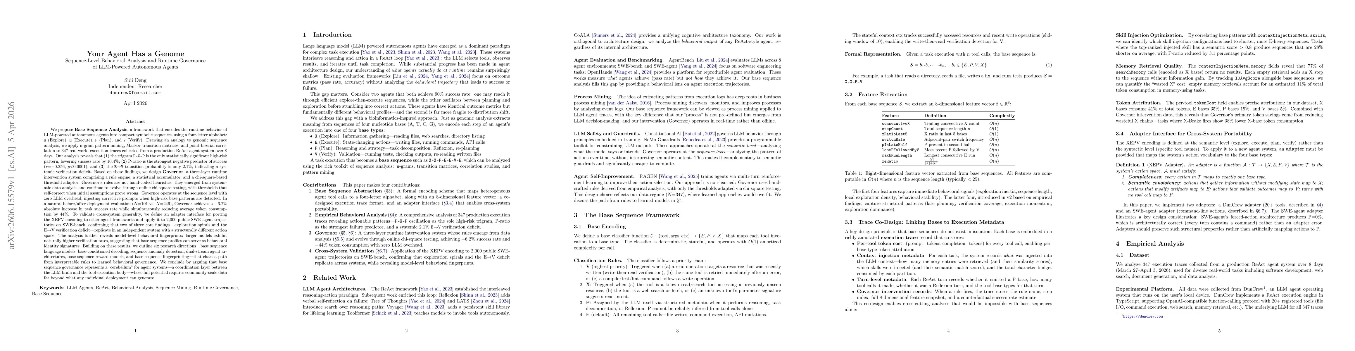 Thumbnail for Your Agent Has a Genome: Sequence-Level Behavioral Analysis and Runtime Governance of LLM-Powered Autonomous Agents