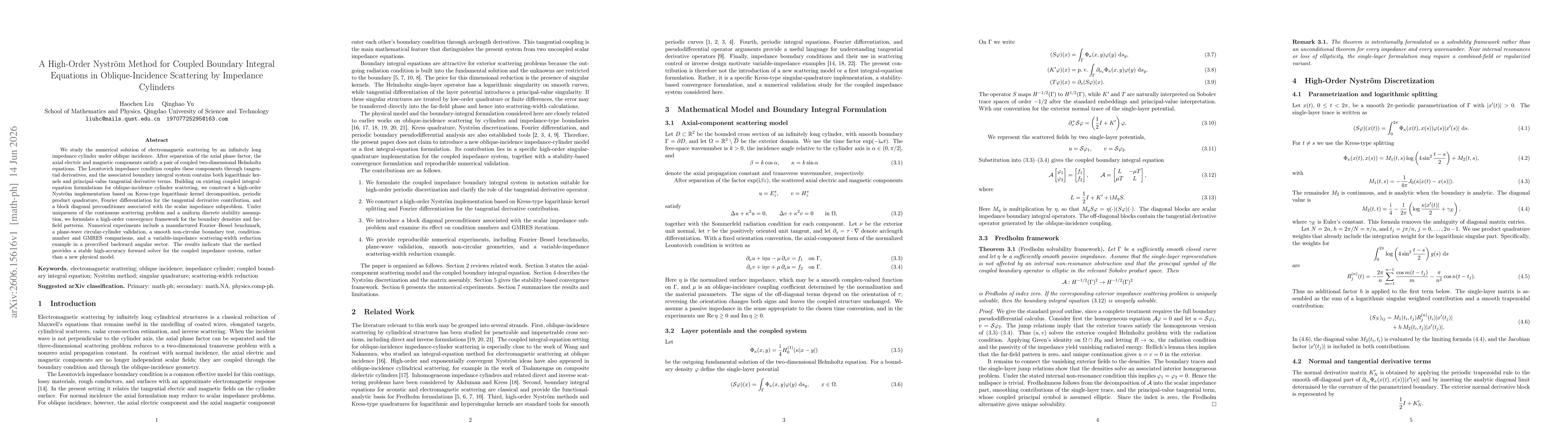 Thumbnail for A High-Order Nyström Method for Coupled Boundary Integral Equations in Oblique-Incidence Scattering by Impedance Cylinders