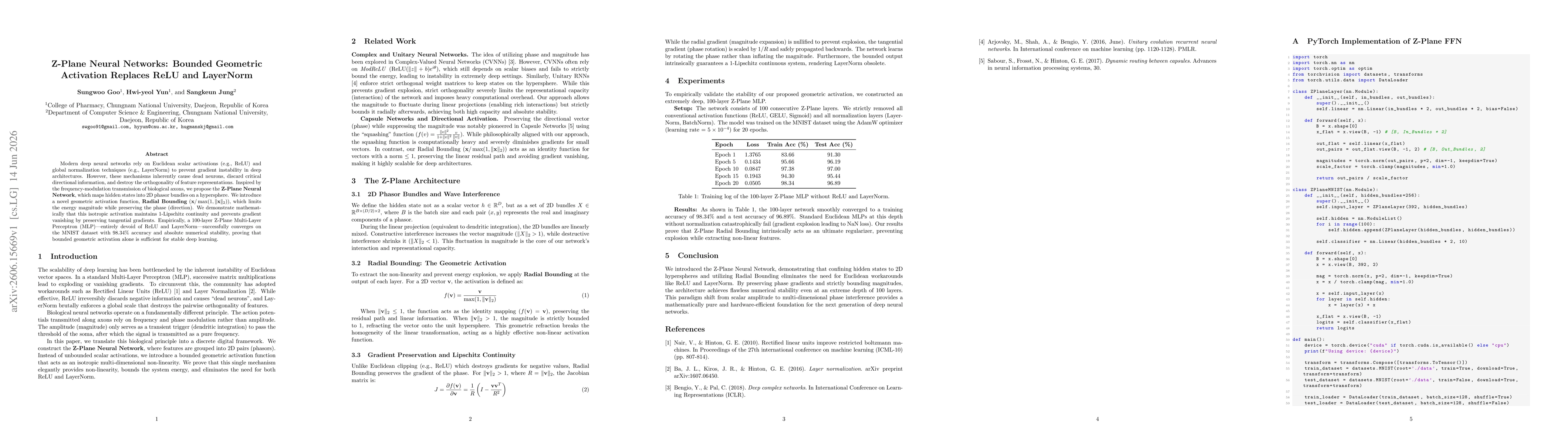 Thumbnail for Z-Plane Neural Networks: Bounded Geometric Activation Replaces ReLU and LayerNorm
