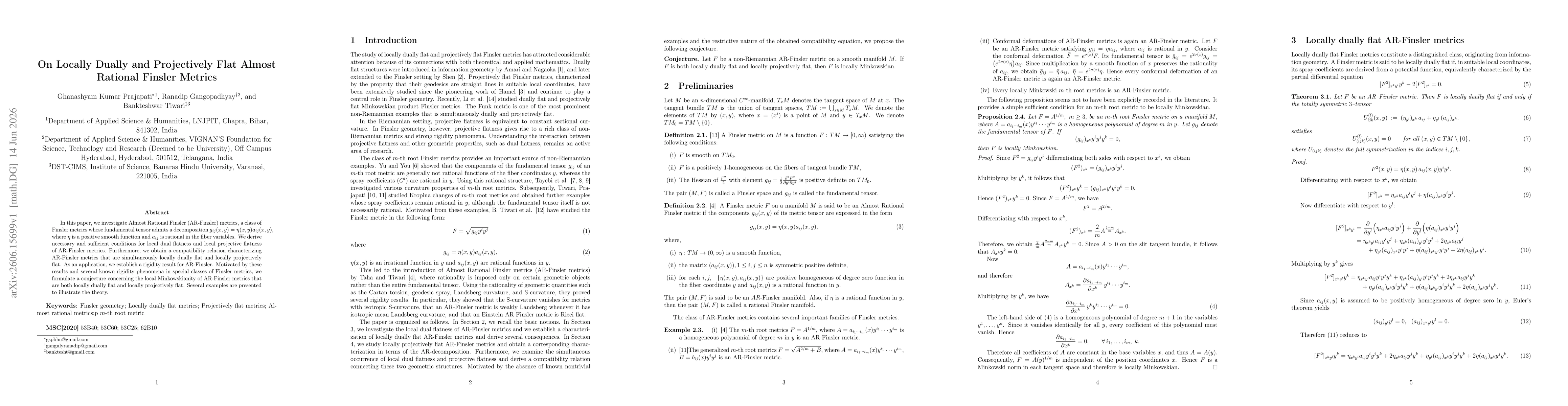 Thumbnail for On Locally Dually and Projectively Flat Almost Rational Finsler Metrics