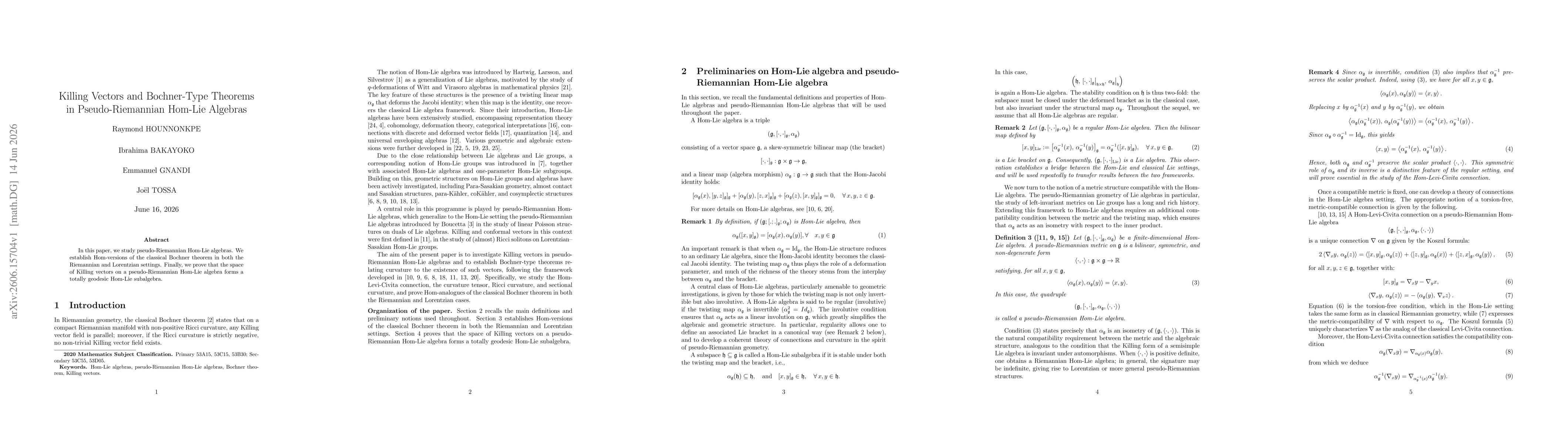 Thumbnail for Killing Vectors and Bochner-Type Theorems in Pseudo-Riemannian Hom-Lie Algebras